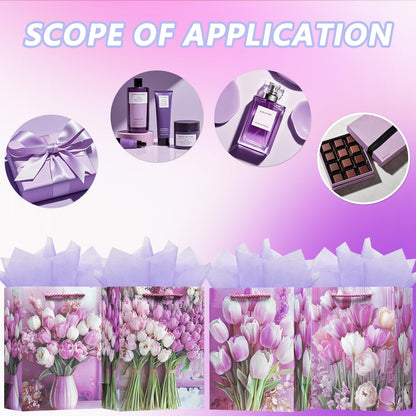 OFIHANLY 4 Pack 9" Small Size Floral Gift Bag with Handles for Women Birthday Purple Tulip Paper Gift Wrap Bags with Tissue Paper for Happy Mother's Day, New Mom, Grandma