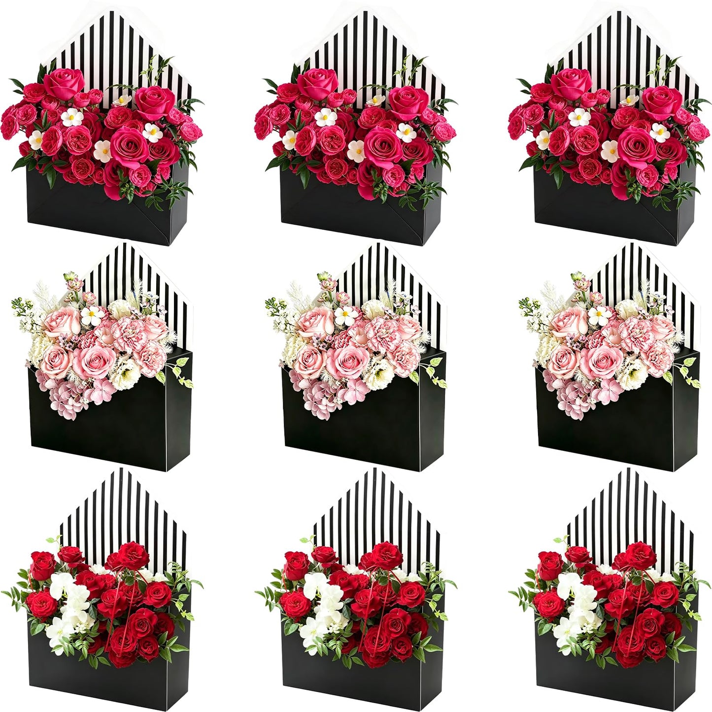 FYSUIMU 9Pcs Mother's Day Floral Envelope Box Empty Flower Stripe Paper Box Florist Bouquet Packaging Box for Valentine's Day Wedding Birthday Party Arrangements, Black