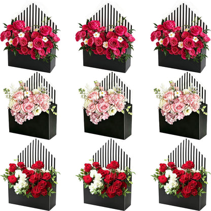 FYSUIMU 9Pcs Mother's Day Floral Envelope Box Empty Flower Stripe Paper Box Florist Bouquet Packaging Box for Valentine's Day Wedding Birthday Party Arrangements, Black