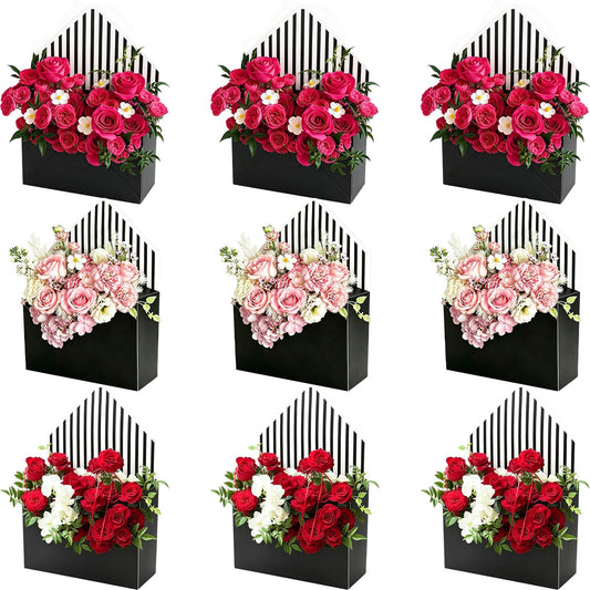 FYSUIMU 9Pcs Mother's Day Floral Envelope Box Empty Flower Stripe Paper Box Florist Bouquet Packaging Box for Valentine's Day Wedding Birthday Party Arrangements, Black