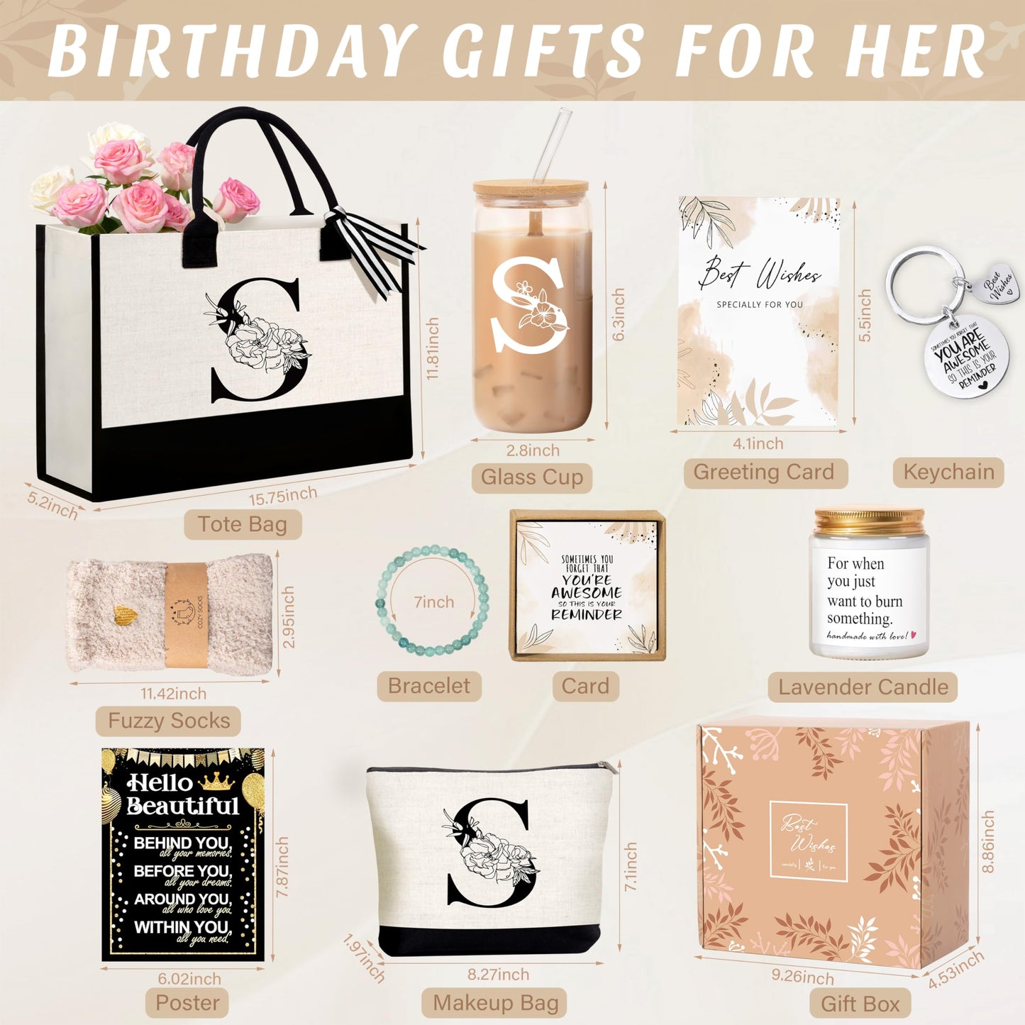 Birthday Gifts for Women, Monogrammed Initial Gift for Teacher Wife Mom, Tote Bag