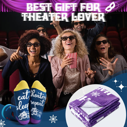 HunnmingRe 2 Pcs Theater Lovers Gifts for Girls Women Men Movie Musical Theater Drama Throw Blankets and Socks Gifts 50" x 60" for Actors Broadway Favors