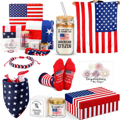 Nuanchu 8 Pcs New Us Citizenship Gifts American Flag Gifts Set with Citizen Glass Candle American Flag Blanket Sock Bandana Bracelet Patriotic Gift Box Congratulations Card for Veterans