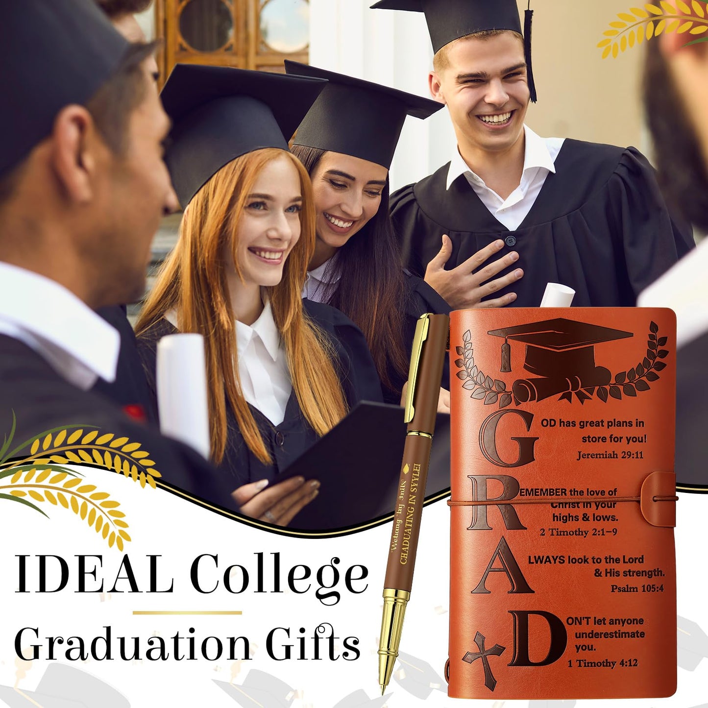 2Pcs Christian Graduation Leather Notebook Pen 120 Pages Bible Verses Inspirational Notebook Graduation Christian Gifts 2026 High School College Congratulations Grad for Women Men(Brown)
