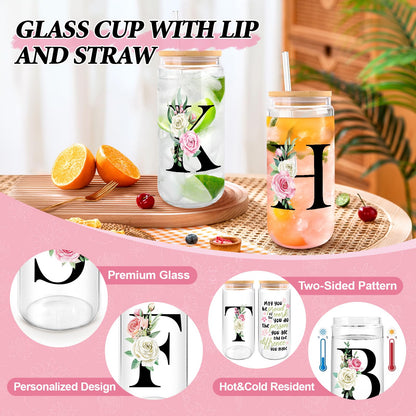 Initial Glass Cups with Lids and Straws, Personalized Gifts for Women, Iced Coffee Cup Glass Tumbler, Birthday Bridesmaid Proposal Inspirational Customized Gifts for Her Girls (A)