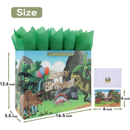16.5'' Extra Large Dinosaur Birthday Gift Bag Set with Handles, Greeting Card, Black Tissue Papers and Stickers for Boys Kids Teens, Dinosaur Design, 1 Pcs