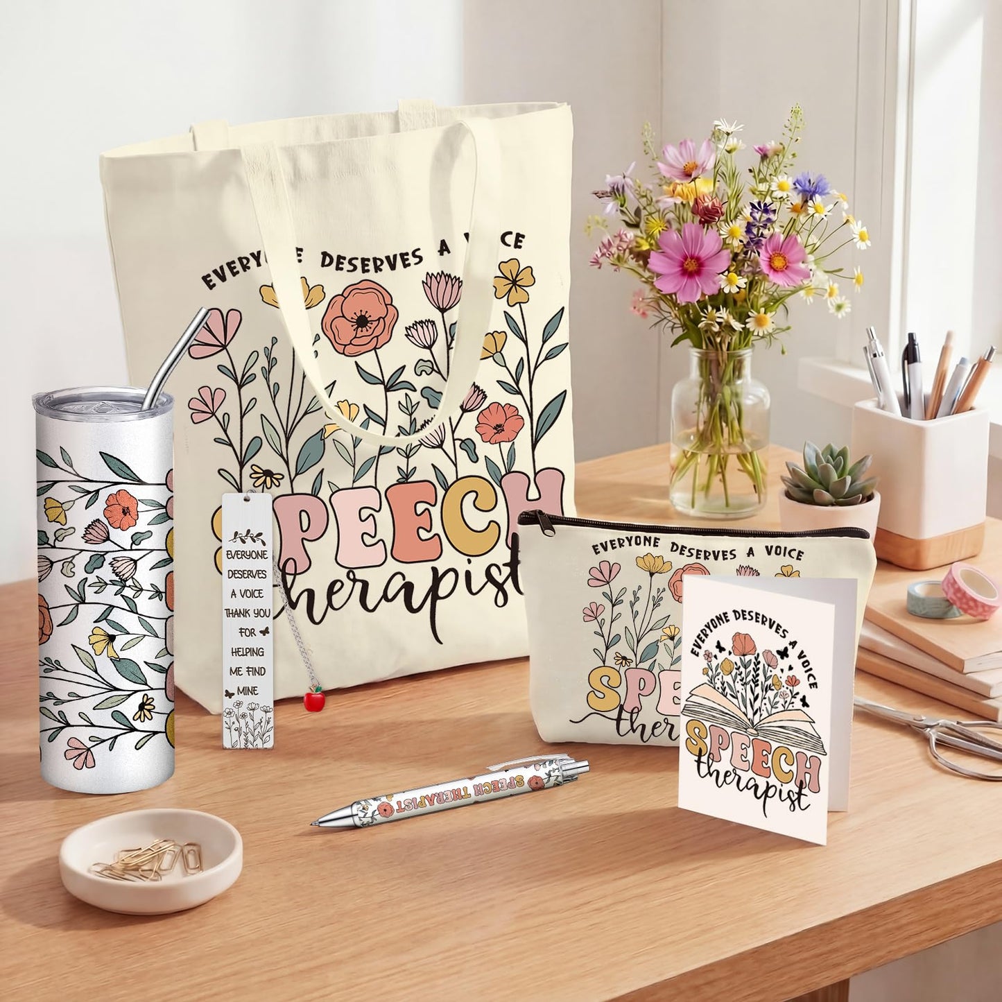 Geiserailie 6 Pcs Speech Therapy Gifts Speech Language Pathologist Appreciation Gifts Set with 20 oz Tumbler Tote Makeup Bag Card Pen for SLP Assistant Therapist Pathologist