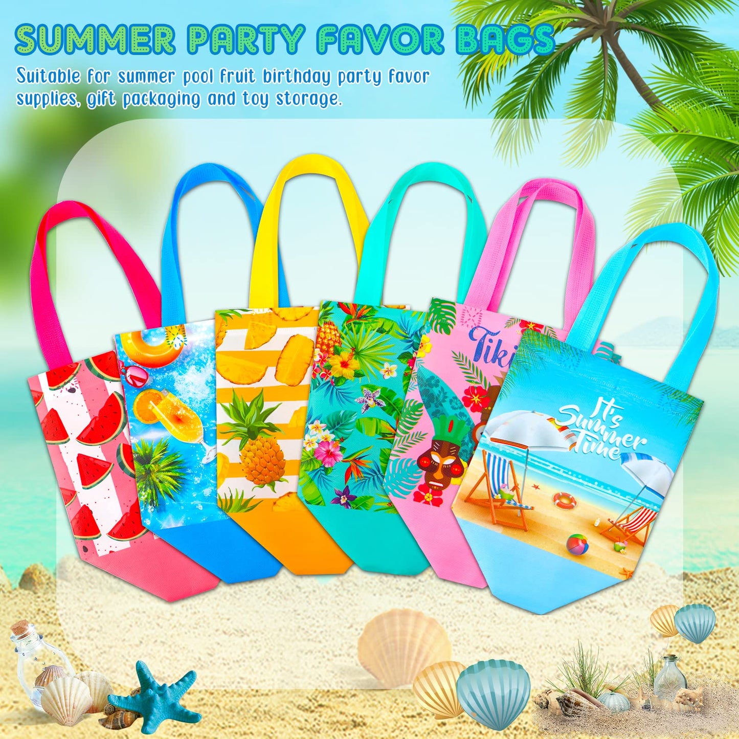 Hillban 60 Pcs 8 x 8 x 6 Inch Summer Party Favor Bags Fruit Gift Treat Bags Hawaii Aloha Goodie Totes Summer Beach Pineapple Watermelon Non Woven Totes with Handles for Party Supplies