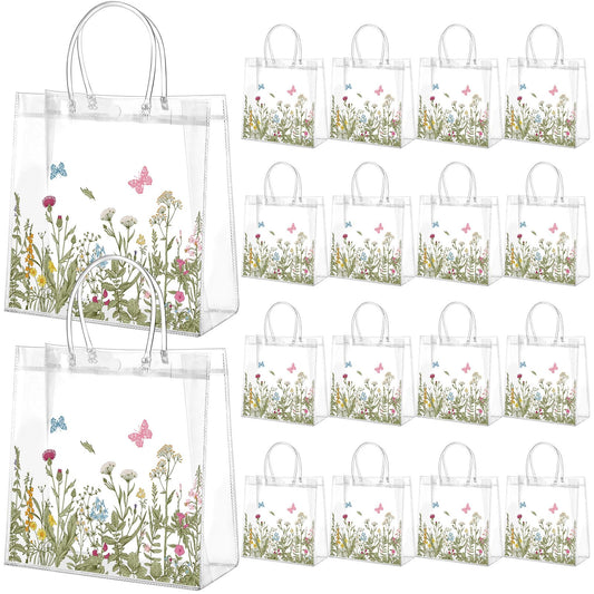 Kacctyen 24 Pcs Gift Bags for Party Favor Clear Goodie Bags with Handle 7.87 x 7.87 x 3.15 Return Gift Wrap Totes for Guests Treat Candy Wrapping(Vintage Wildflowers)