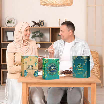 Cholemy 30 Pcs Eid Mubarak Gift Paper Bags with Handles Ramadan Gift Muslim Party Goody Treat Bags for Eid Mubarak Holiday Party Favor Supplies Decor Candy Gifts