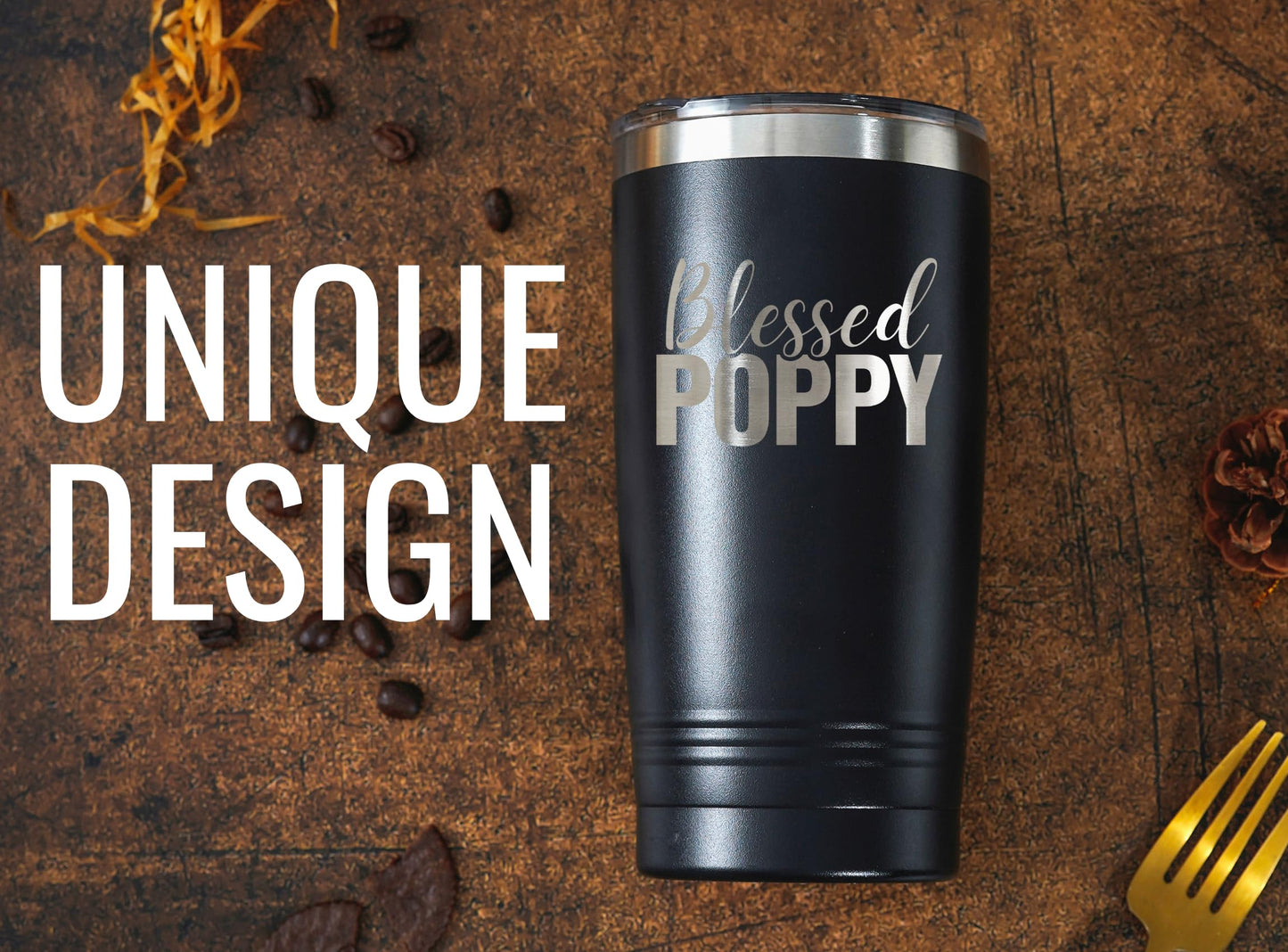 Onebttl Poppy Gifts, Grandpa Gifts from Grandchildren, Father's Day Gifts for Poppy, Laser Engraved Design, 20oz/590ml, Stainless Steel Tumbler with Straw & Lid, Black - Blessed Poppy