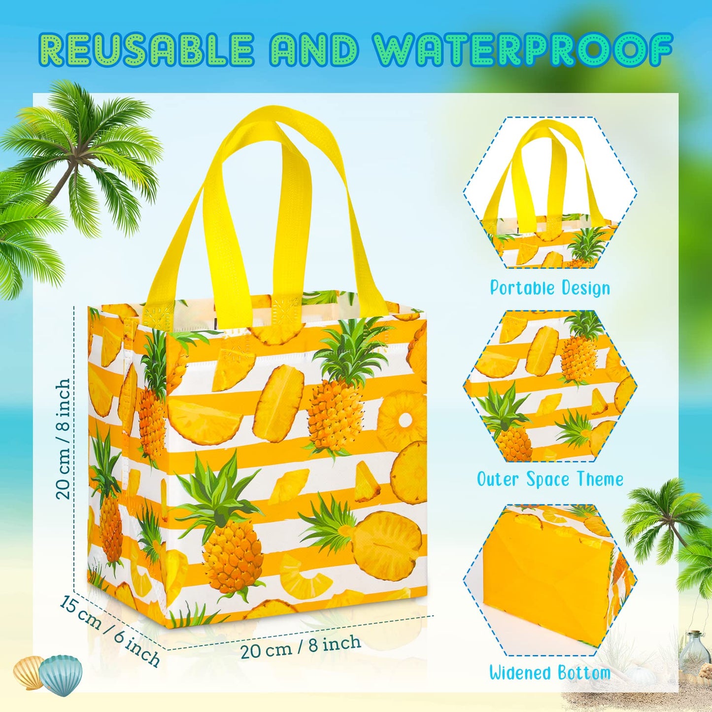 Hillban 60 Pcs 8 x 8 x 6 Inch Summer Party Favor Bags Fruit Gift Treat Bags Hawaii Aloha Goodie Totes Summer Beach Pineapple Watermelon Non Woven Totes with Handles for Party Supplies