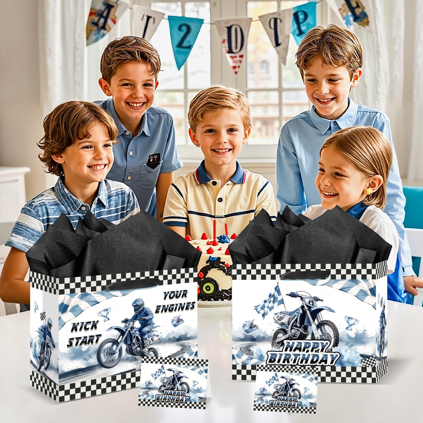 Yomaiha Dirt Bike Birthday Gift Bag for Boys Motocross Motorbike Wrapping Paper with Tissue Paper Greeting Card for Dirty Bike Birthday Party Decoration Supplies