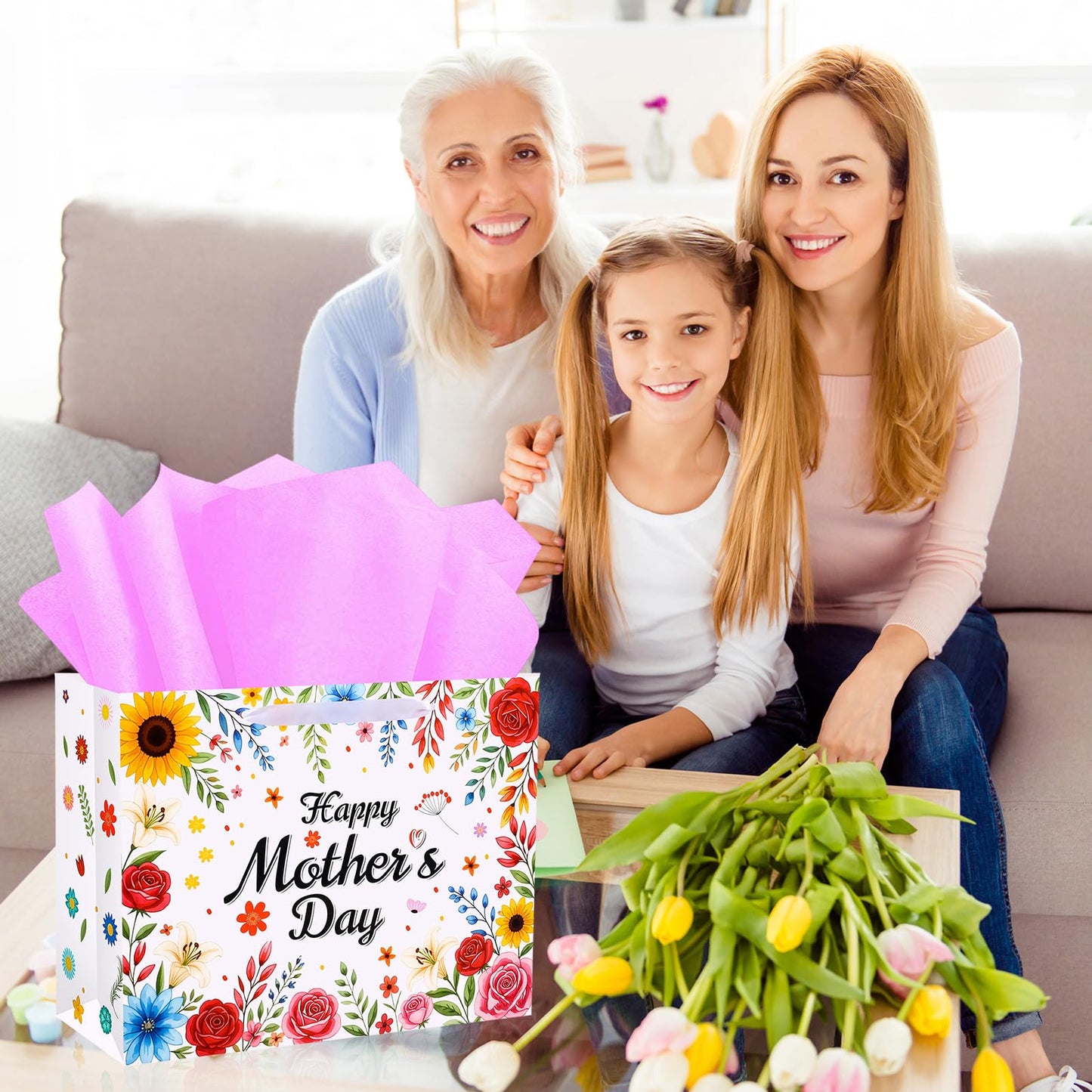 Konsait Happy Mothers Day Gift Bags Set with Tissue Paper, Greeting Card, Envelope & Stickers, Large Favor Bags for Mom Birthday & Gift Wrapping Supplies