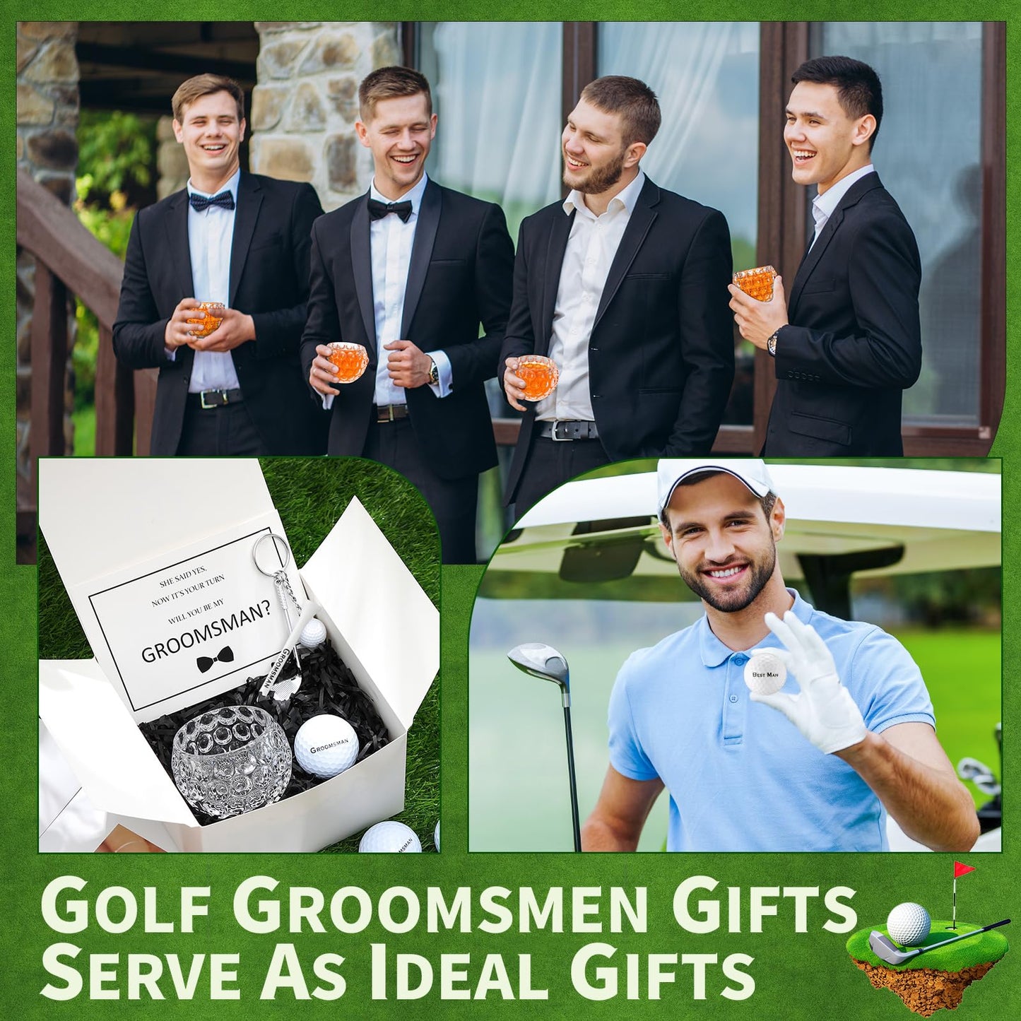 Funnymoom 36 Pcs Golf Groomsman Proposal Gift Box Set of 6, Golf Ball Tees Keychain Whiskey Glass with Invitation Cards Accessories for Wedding Best Men DIY Gifts