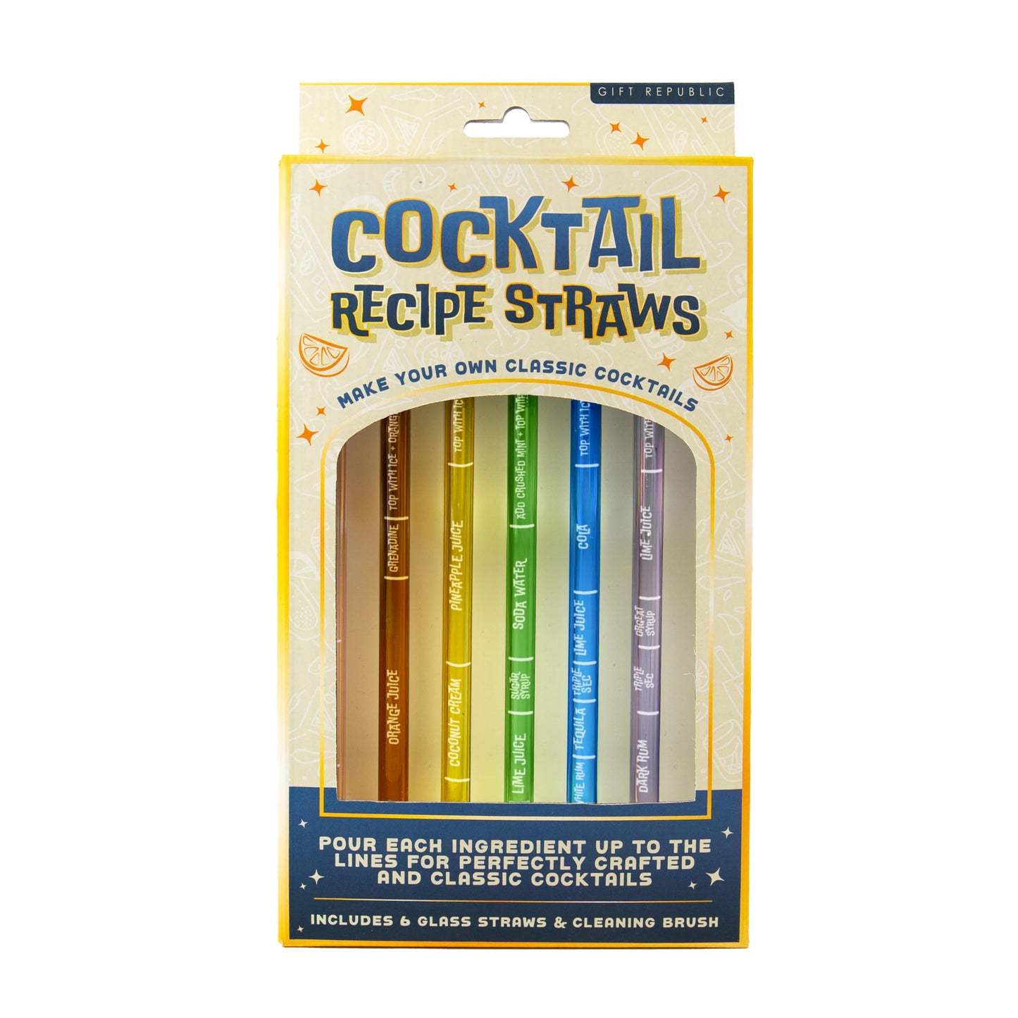 Gift Republic Cocktail Recipe Straws – Pack of 6 Reusable Glass Straws with Classic Cocktail Measurements – Includes Cleaning Brush – Fun Mixology Gift for Parties & Home Bars