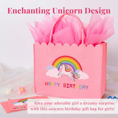 Crisky Felt Unicorn Gift Bag for Girls, Reusable Unicorn Birthday Gift Bags for Girls with Birthday Card, Pink Tote Bag for 4th 5th 6th 7th 8th 9th 10th Bday Party Decorations Gifts Ideas