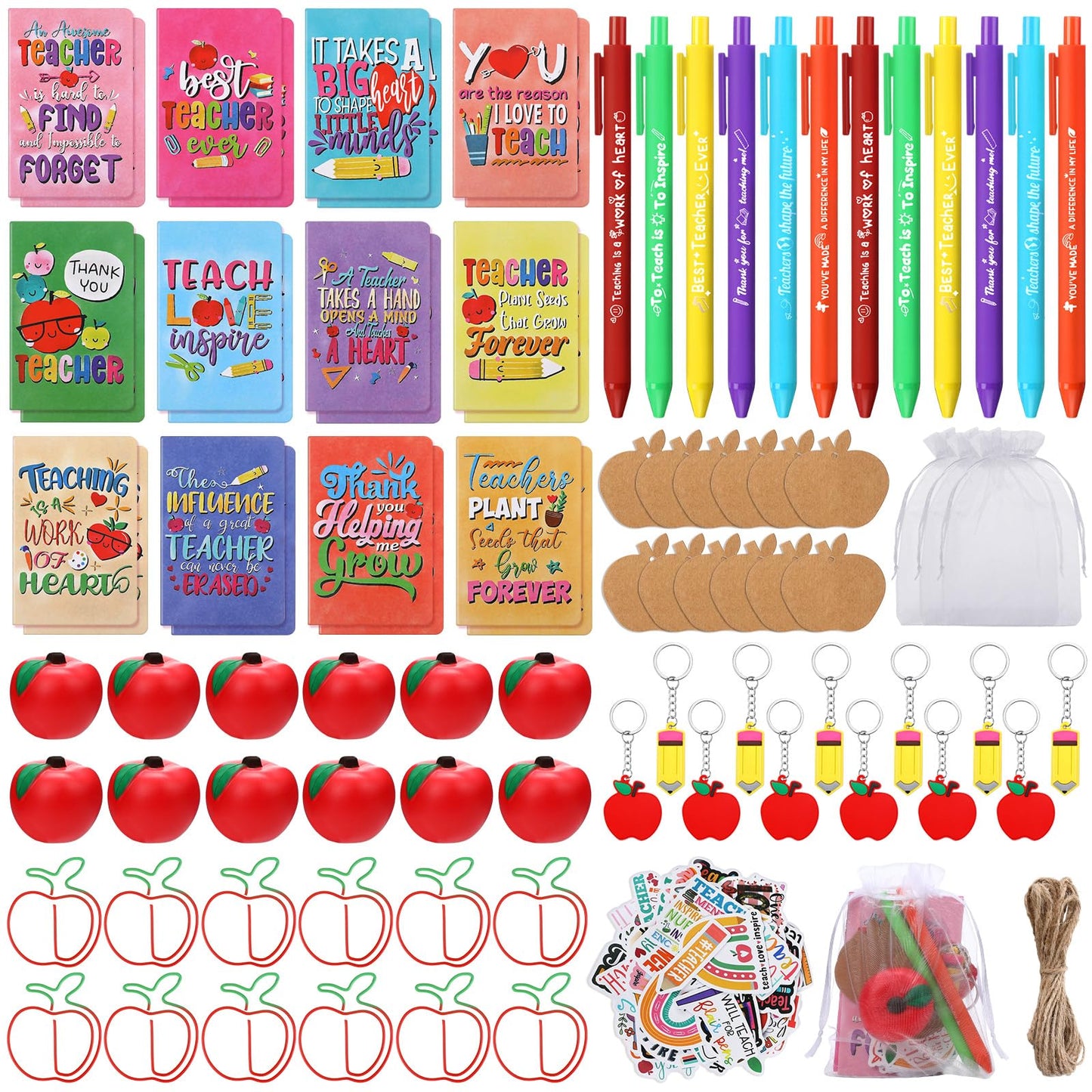 Pasimy 145 Pcs Teacher Appreciation Gifts Set Thank You Teacher Notebooks Pens Inspirational Stickers Apple Stress Ball Paper Clip Keychain Teacher's Day Gifts for School Classroom Office Supplies