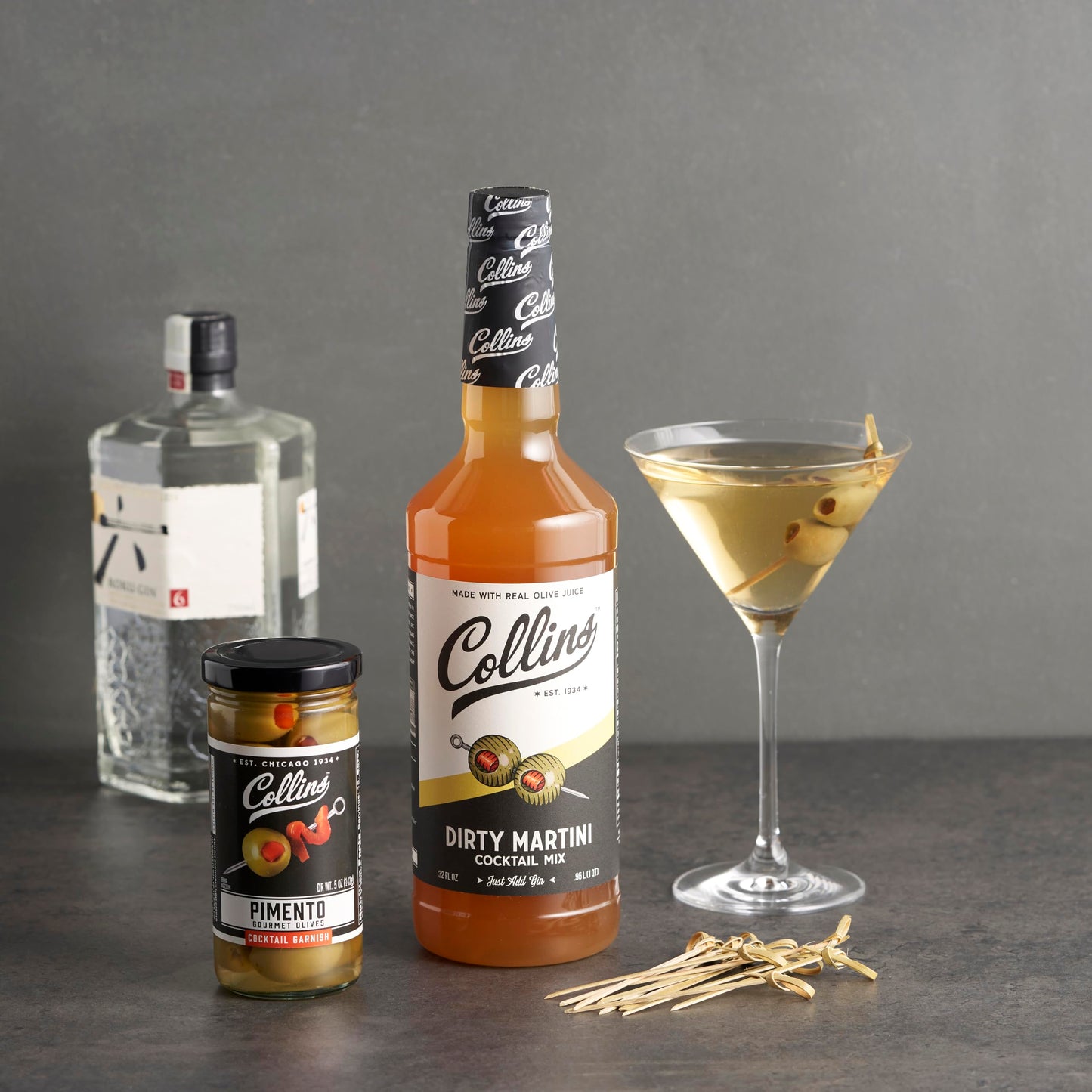 Collins Dirty Martini Kit, Gin Cocktail Mix, Stuffed Gourmet Olives, Drink Picks, Olive Brine Mixer, Home Bar Accessories, Home Bar Kit, Bartender Mixer, Drinking Gifts, Mixology Kit, Set of 3