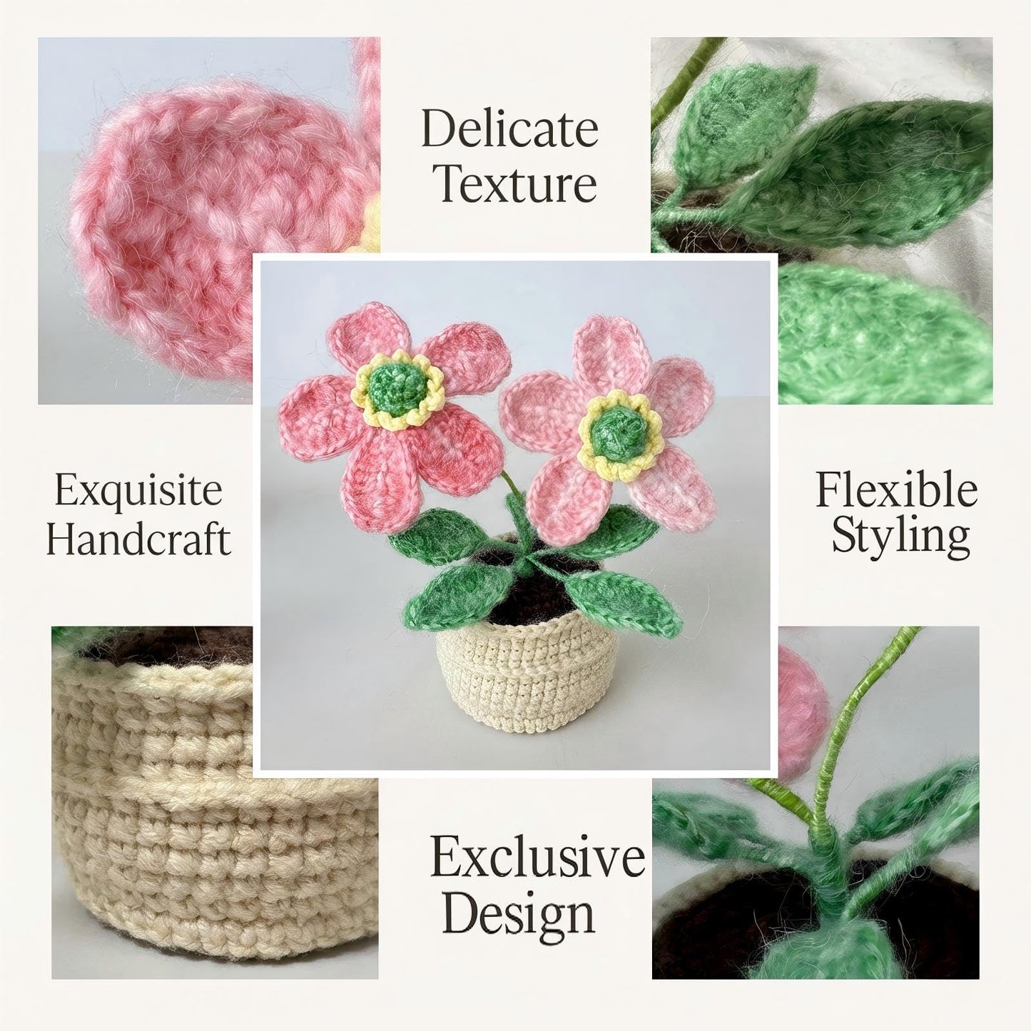 Hand-Made Crochet Wild Rose with Greeting Card and Handled Gift Bag, Spring Artificial Flowers for Mothers Day Appreciation Gifts for Family Girl Friend Other Half(Gradient Pink)