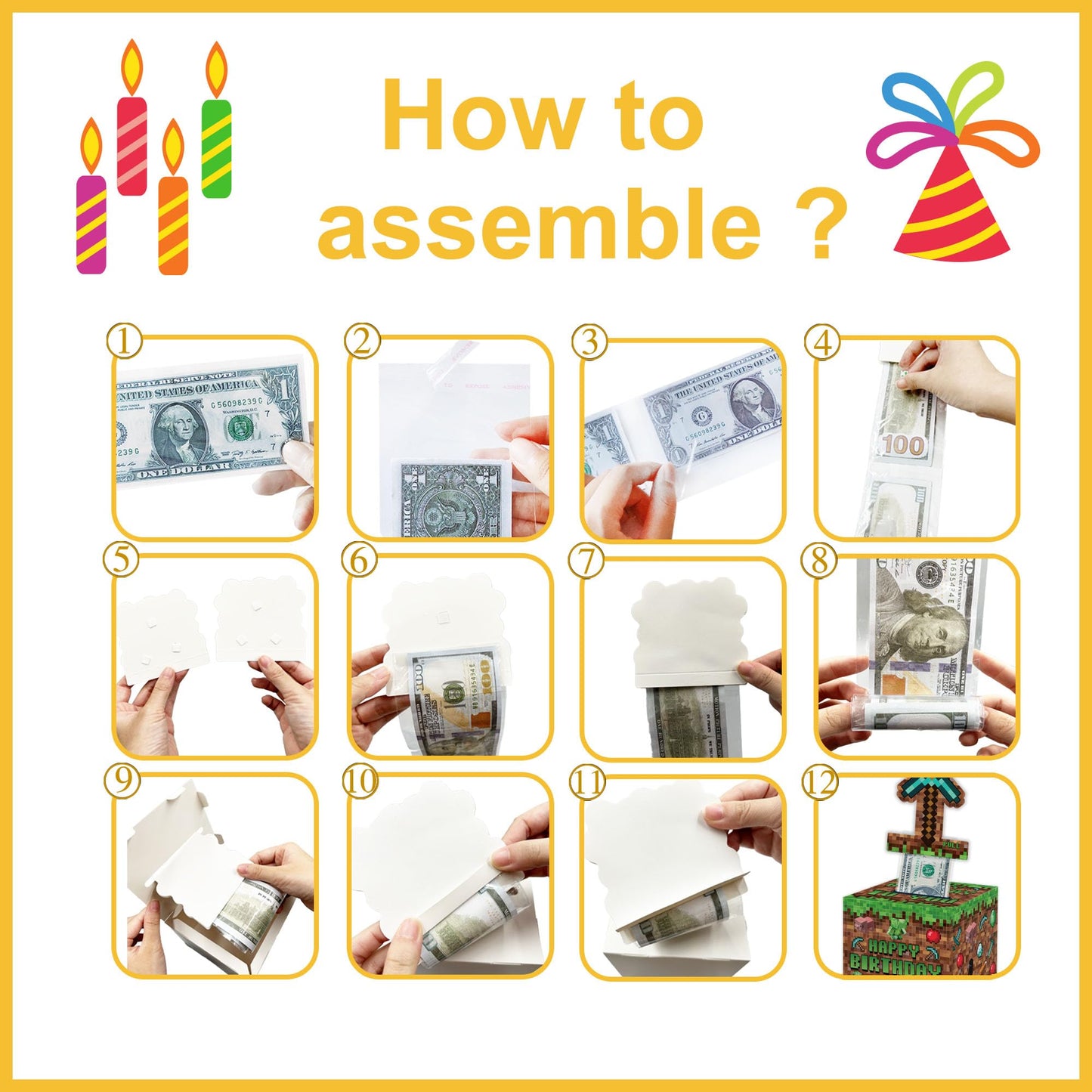 Surprise Money Box Gift Pull for Game Lover- Pixel Game Happy Birthday Money Box for Cash Gift Set Included Happy Birthday Card and 35 Pcs Transparent Bags, Fun Birthday Gift for Women Men