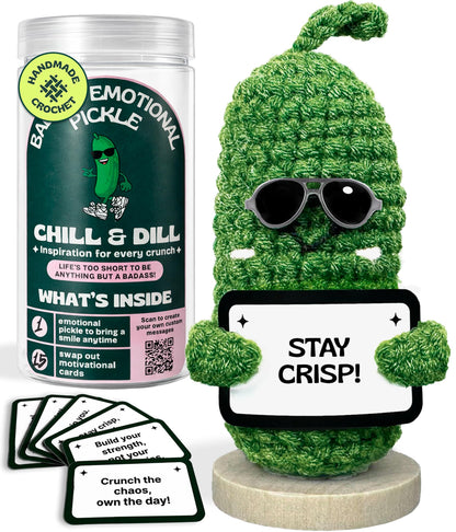 Emotional Support Pickle. Premium Handmade Crochet Plush. 15 Motivational Swappable Cards and Customizable QR Messages. Funny Gift. Perfec for Friends, Coworkers, Motivational Gift.