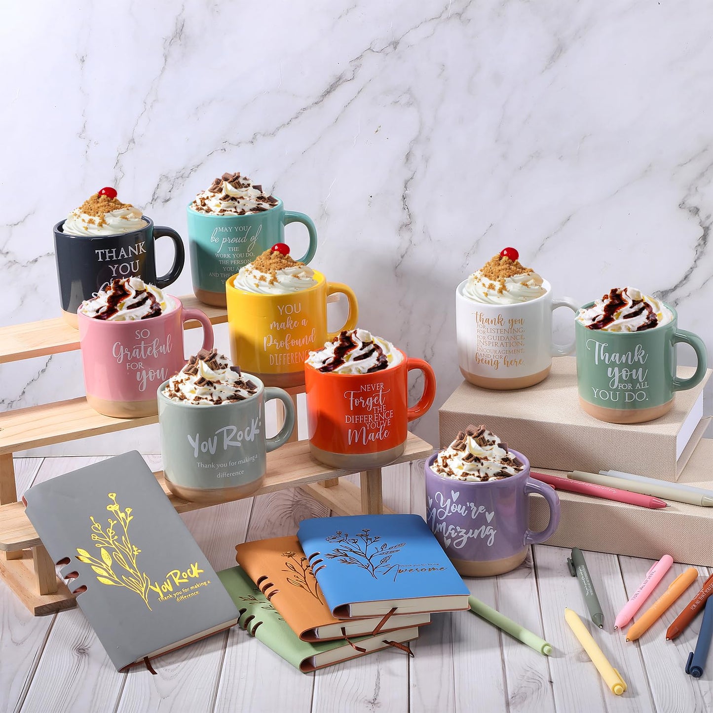 Didaey 10 Sets Employee Appreciation Gifts Set 13oz Inspirational Pastel Ceramic Coffee Mugs A6 Leather Notebooks Ballpoint Pens Bulk Thank You Gifts for Coworker Employees Staff Team Members