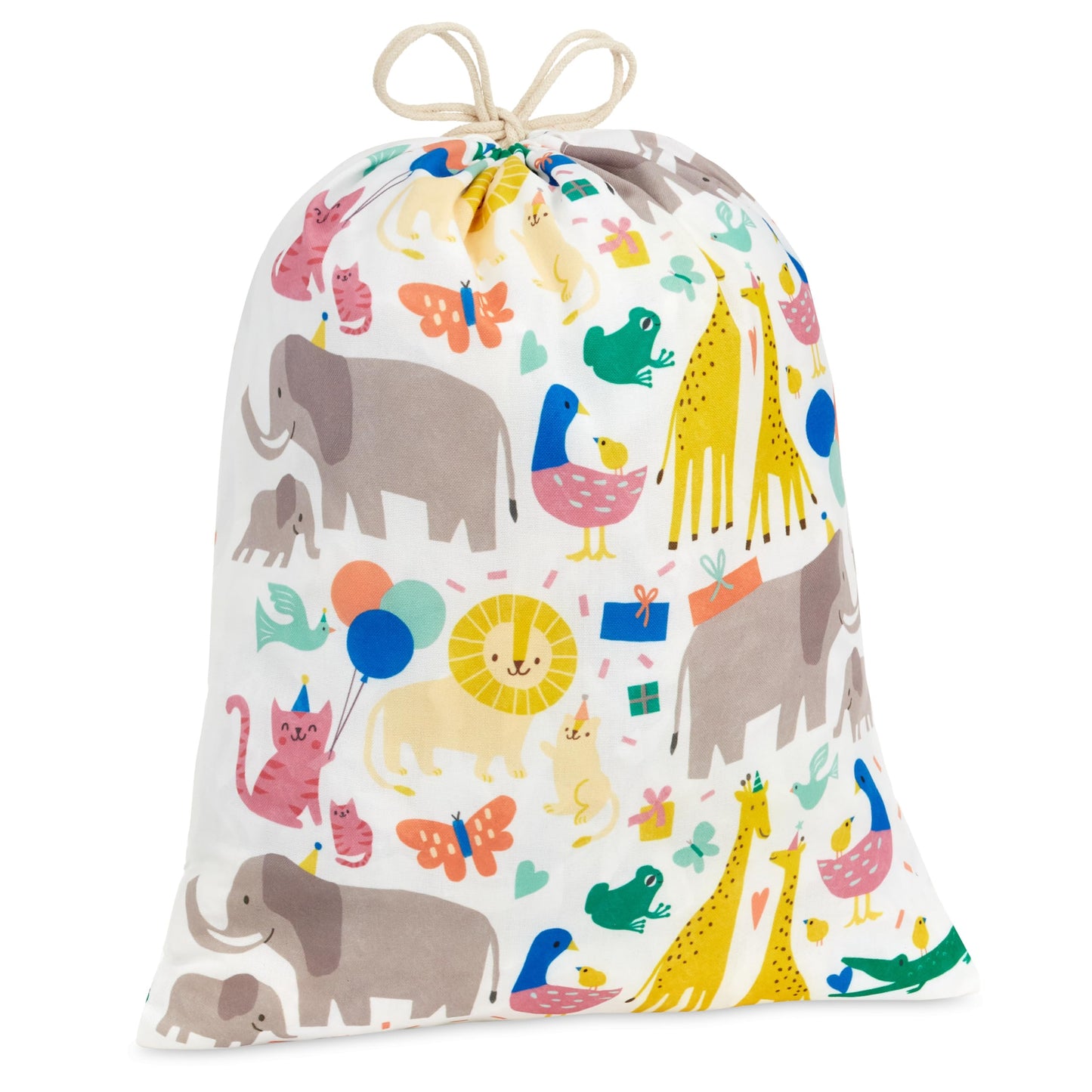 Hallmark 19" Large Canvas Drawstring Bag (Zoo Animals) Reusable Gift Bag for Baby Showers, Gender Reveal Parties, Kids Birthdays