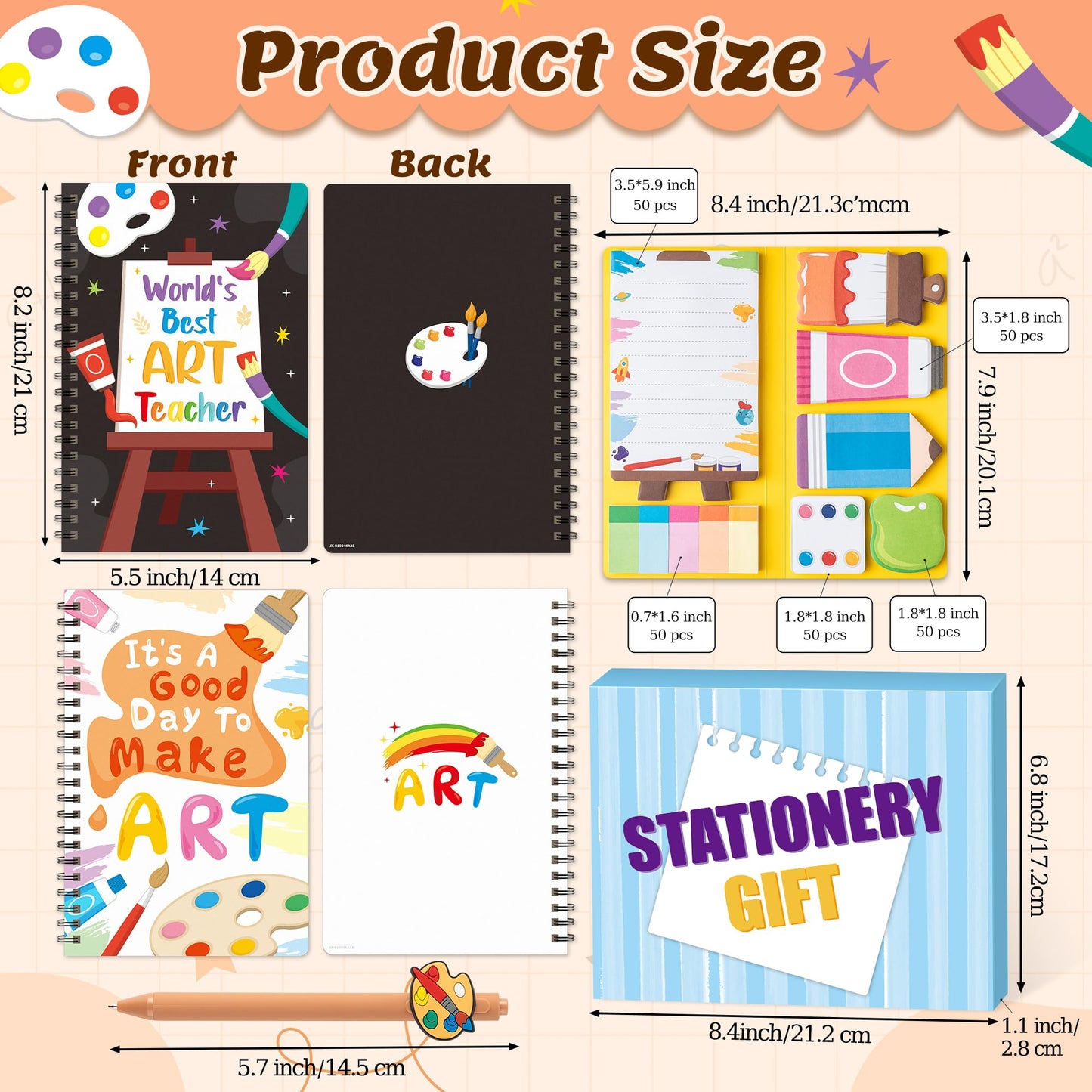 B1ykin Teacher Appreciate Stationery Gift Set - 3Pcs It's a Good Day To Make Art A5 Spiral Notebook & 550 Sheets Sticky Notes with Pen, Back to School Gift with Box for School Office (Art Teacher)