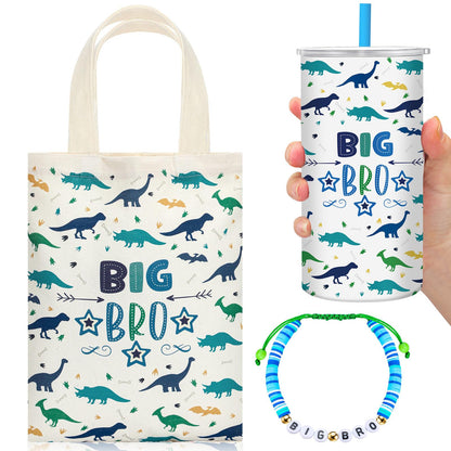 Shinylin 3 Pcs Big Brother Gift for Boy 12 oz Big Brother Cup Blue Stainless Steel Mug Vacuum Insulated Tumbler with Leakproof Lid and Straw Canvas Tote Bag and Bracelet for Little Boys