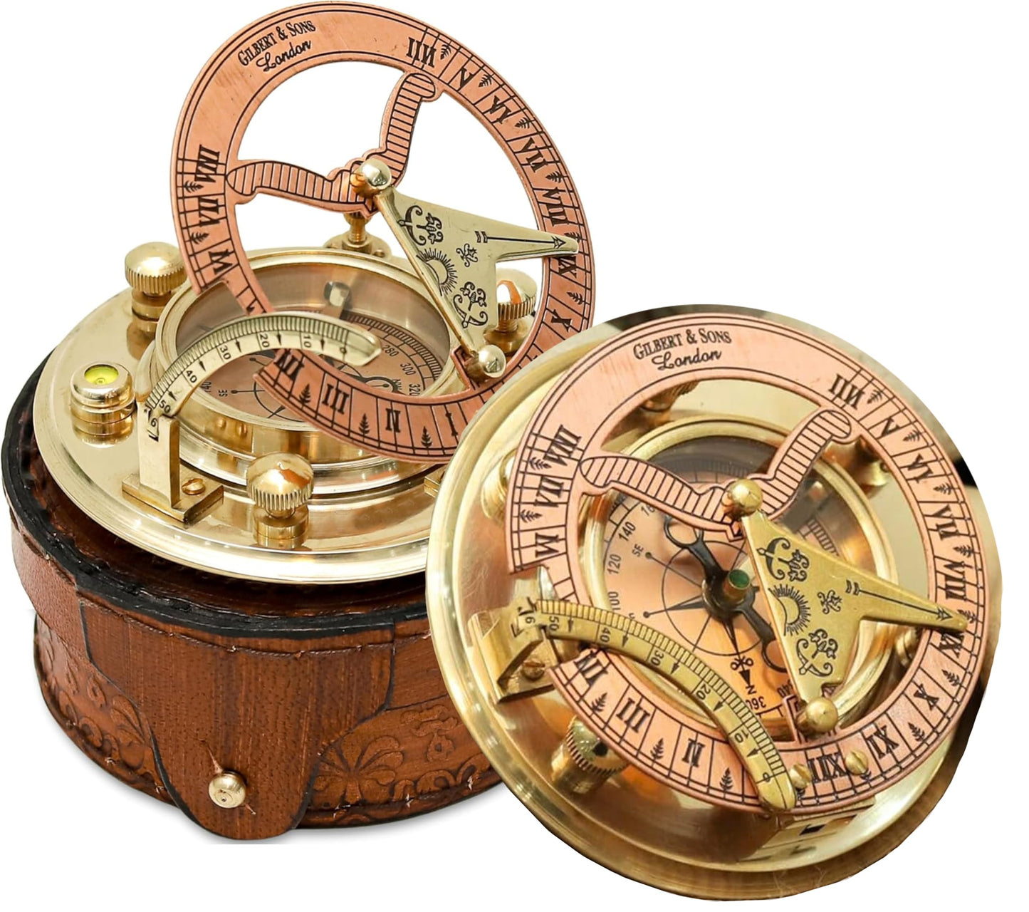 Personalized Engraved Antique Brass & Copper Sundial Compass, Sundial Clock in Leather Box Gift Sun Clock Ship Replica Watch
