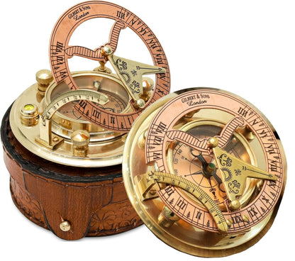Personalized Engraved Antique Brass & Copper Sundial Compass, Sundial Clock in Leather Box Gift Sun Clock Ship Replica Watch