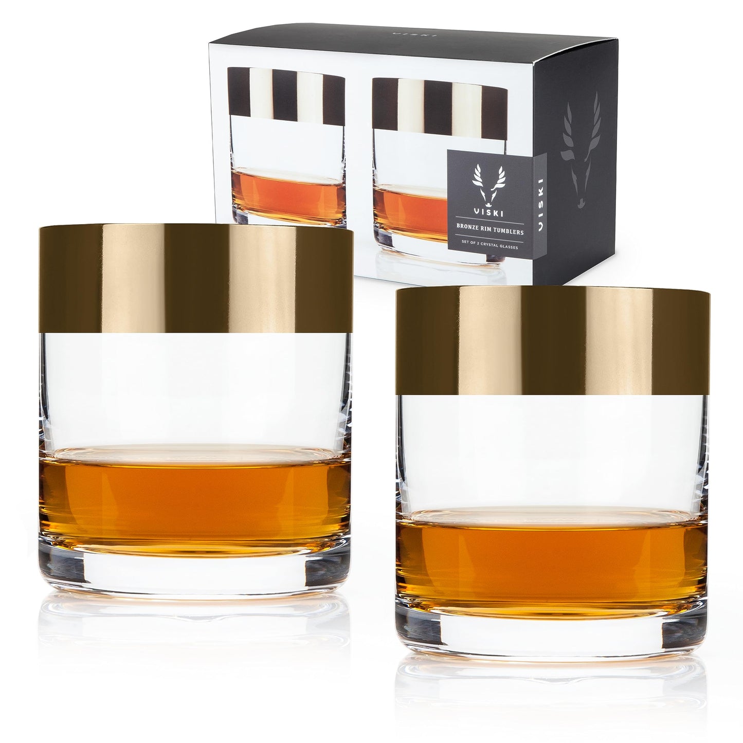 Viski Irving Bronze Rim Crystal Lowball Tumblers Set of 2 - Premium Crystal Clear Cocktail Glass Bronze Rimmed Glassware, Stylish Lowball Whiskey Glass Gift Set, 12 oz