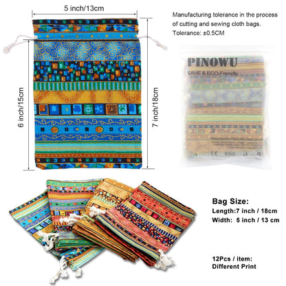PINOWU Ethnic Style Drawstring Gift Bag 5x7 Cotton Reusable Pouches (12pcs) Jewelry Coin Storage Pouch Eco-Friendly Sachet Bags for Candy Wedding Party Valentine Favors