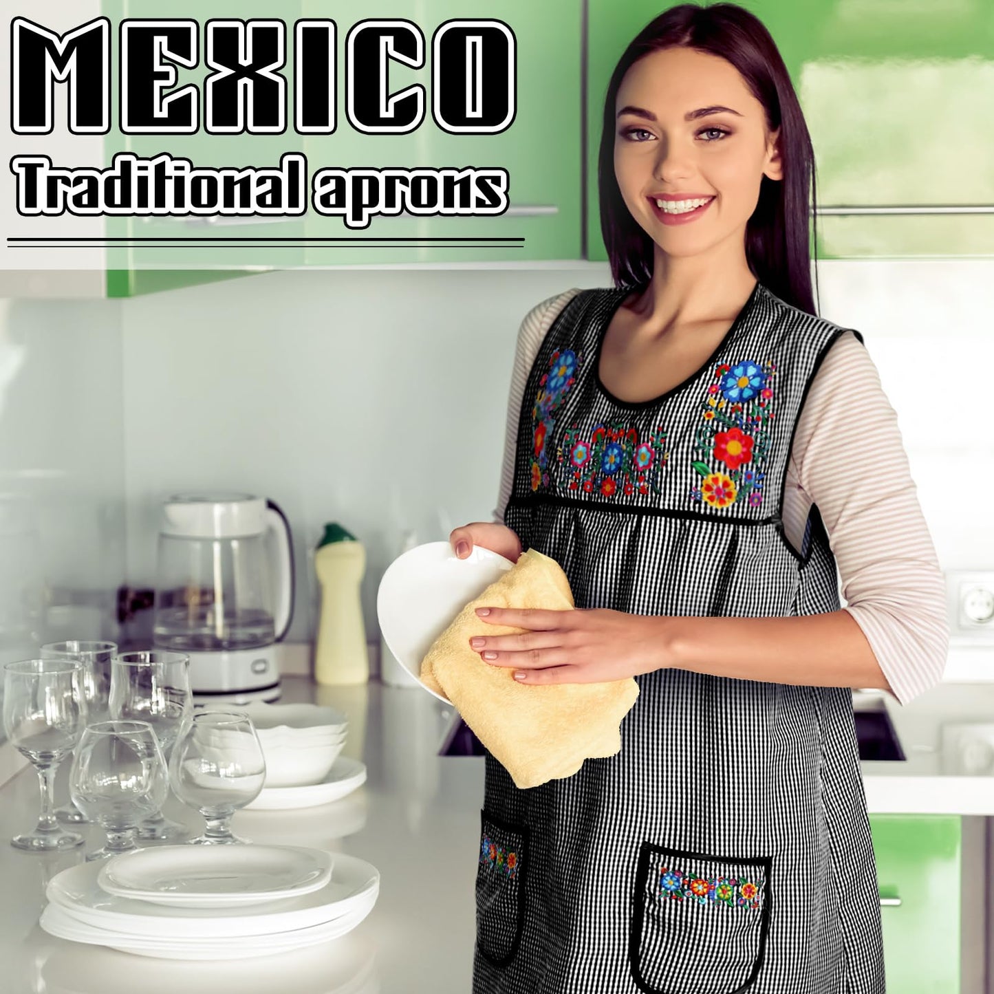 Coume Traditional Mexican Apron for Women Pocket Beautiful Flower Embroidery Apron Mandile Para Mujer Grandma Gift
