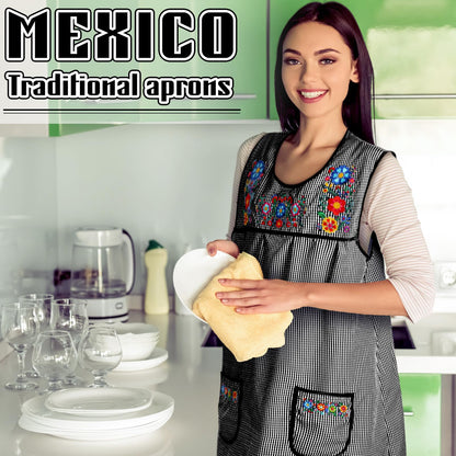 Coume Traditional Mexican Apron for Women Pocket Beautiful Flower Embroidery Apron Mandile Para Mujer Grandma Gift