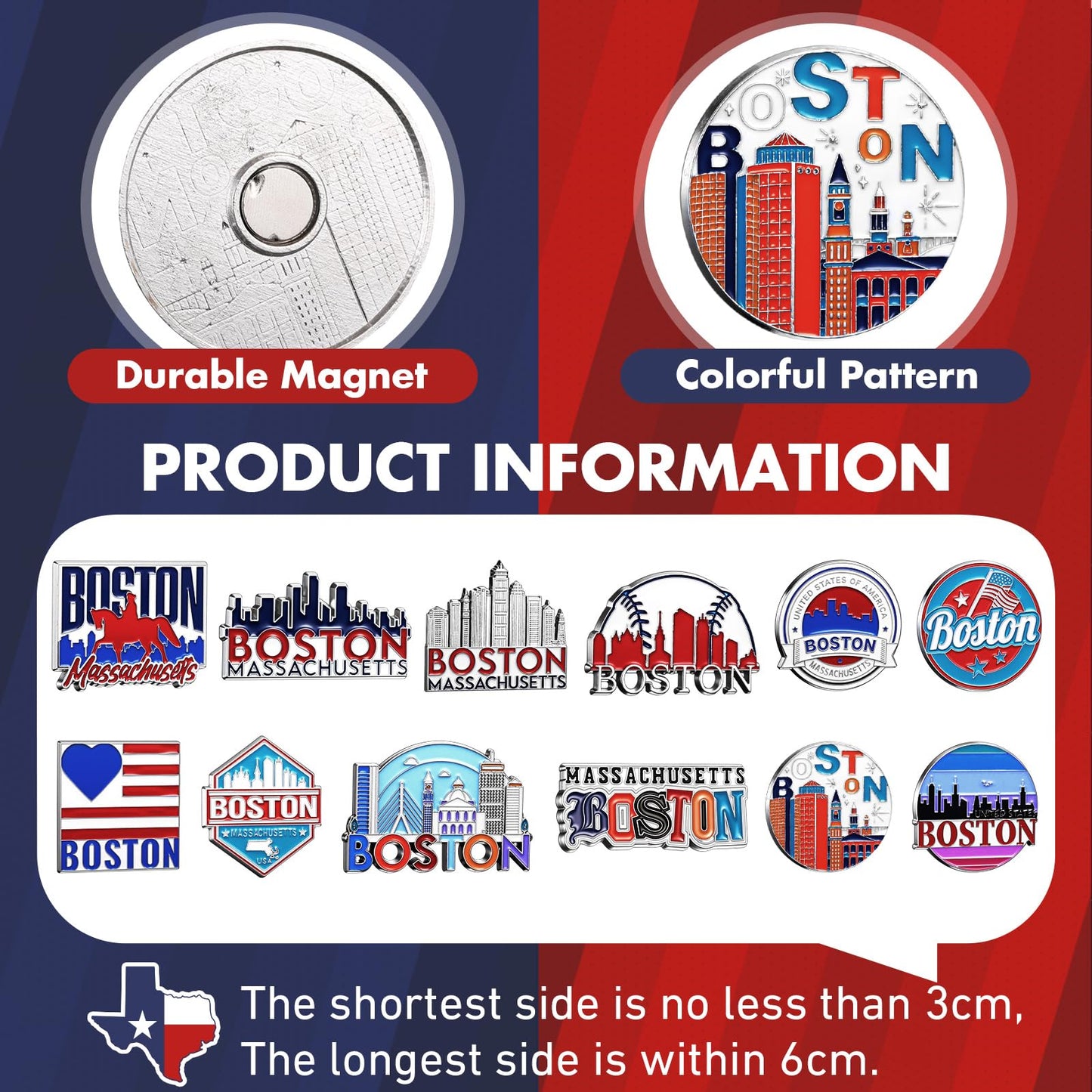 Konohan 12 Pcs Boston Magnets for Refrigerator Metal USA Fridge Magnet Magnetic Boston Souvenirs Gifts USA State Magnetic Refrigerator Stickers, Massachusetts, Baseball