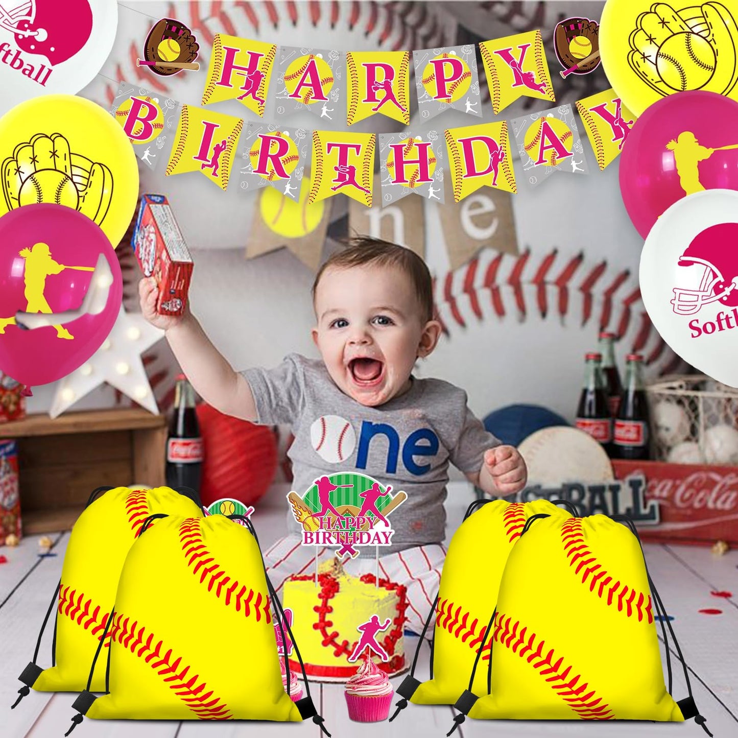 KERINGO 16 PCS Softball Gift Bag with Handles Drawstring String Soft Ball Goodie Sport Theme Party Favor Team Treat Bag for Birthday Team Snack