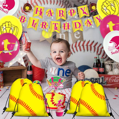 KERINGO 16 PCS Softball Gift Bag with Handles Drawstring String Soft Ball Goodie Sport Theme Party Favor Team Treat Bag for Birthday Team Snack