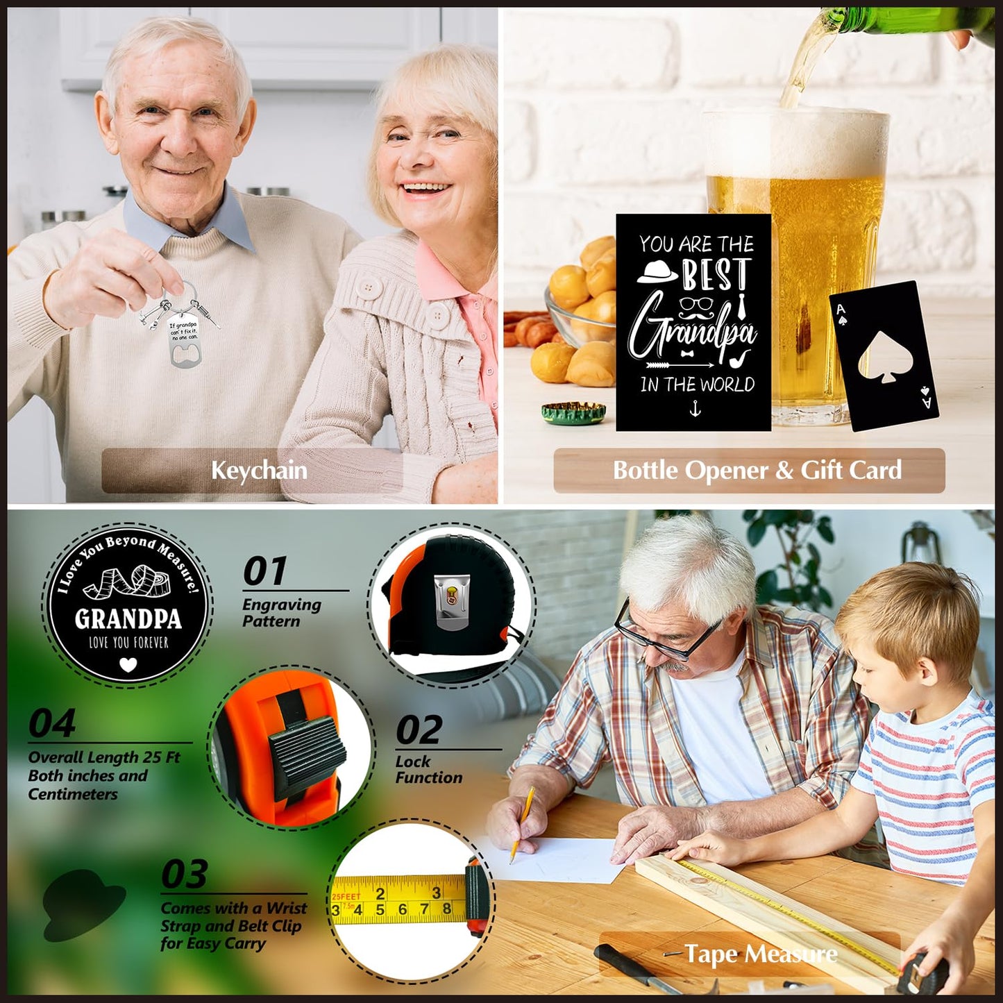 14 Pcs Grandpa Gifts, Best Granddad Ever Gift with 11 Oz Grandpa Juice Whiskey Glass 4 Whiskey Stones Coaster Apron Hat Sock Tape Measure Keychain, Birthday Father's Day Christmas Gift for Grandfather