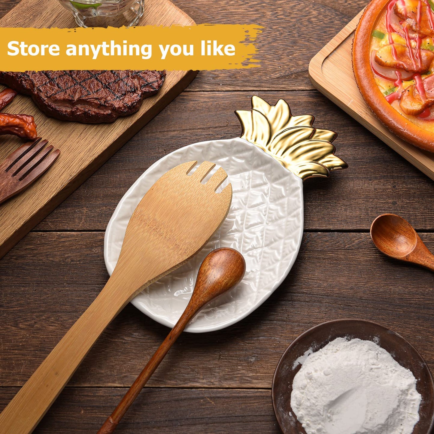 2 Pcs Pineapple Spoon Rest and Spoon Set, Ceramic Farmhouse Utensil Rest for Kitchen Counter Spatula Utensil Holder for Ladles Tong Modern Gift Pineapple Kitchen Decor