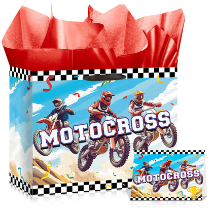 Woosytoo Dirt Bike Gift Bag for Boys Motocross Birthday Wrapping Bag with Tissue Paper and Card Motorcycle Birthday Decorations for Baby Shower Dirt Bike Theme Party Bday Funny Games Party Supplies