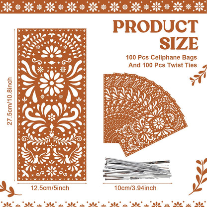 Funrous 100 Pcs Cielito Lindo Candy Bags Mexican Fiesta Gift Bags with Twist Ties Cinco De Mayo Party Favors Barro Candy Sack Talavera Sack for Mexican Wedding Fiesta Party Supplies(Brown)