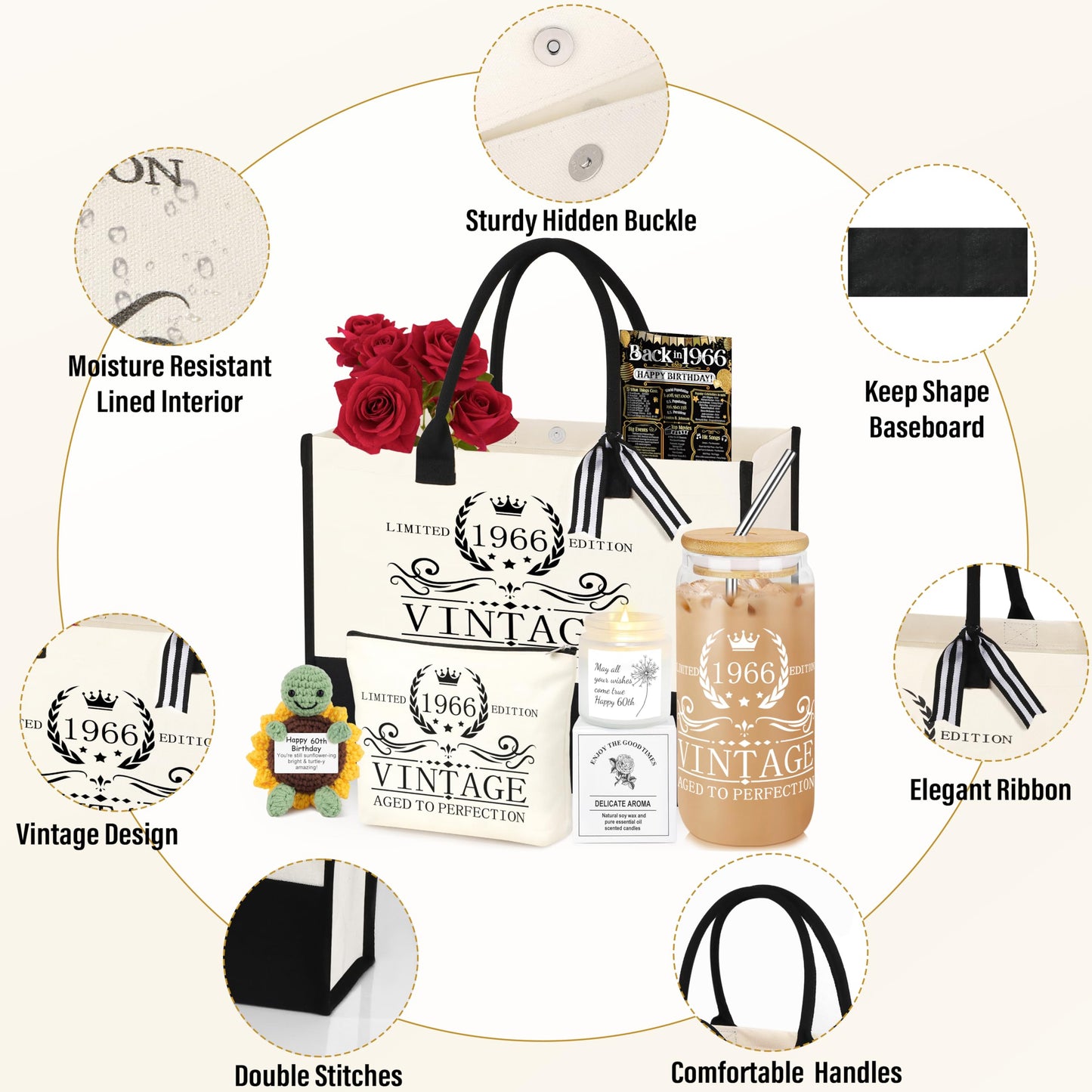 DOGMEM 40th 50th 60th Birthday Gifts for Women Tote Bag Birthday Gifts Set for Mom Wife Sister Grandma Birthday Gifts for Her
