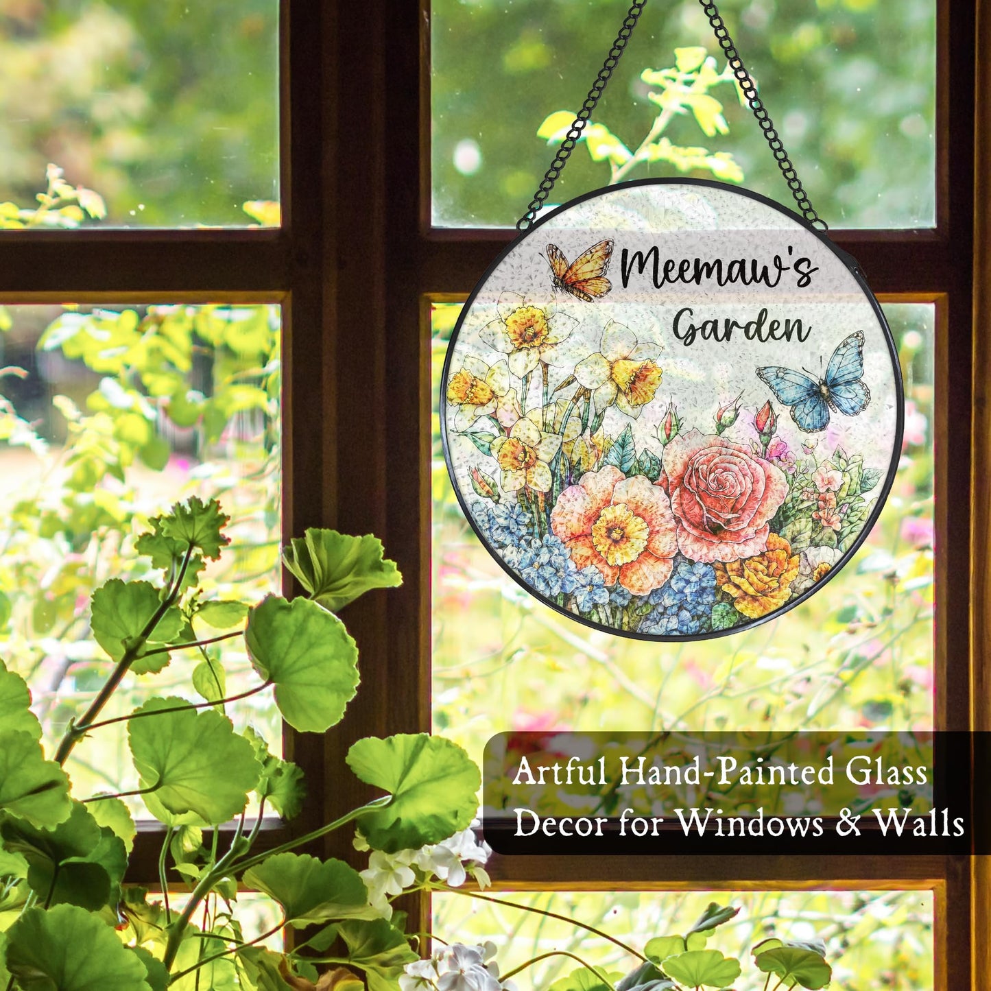 Meemaw's Garden Gifts Stained Glass Suncatcher for Grandma from Grandkids, Meemaw Grandma Gifts Window Hanging Wall Art Decoration for Mothers Day Christmas Birthday, 7.8 x 7.8 in