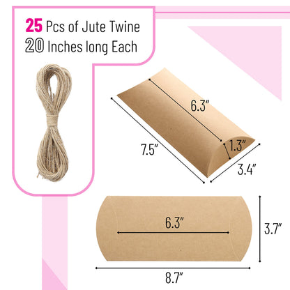 Mr. Pen Kraft Pillow Boxes, 6.3x3.4x1.3 in, 25 Pack with Jute Twines, Kraft Gift Boxes, Paper Boxes for Gifts