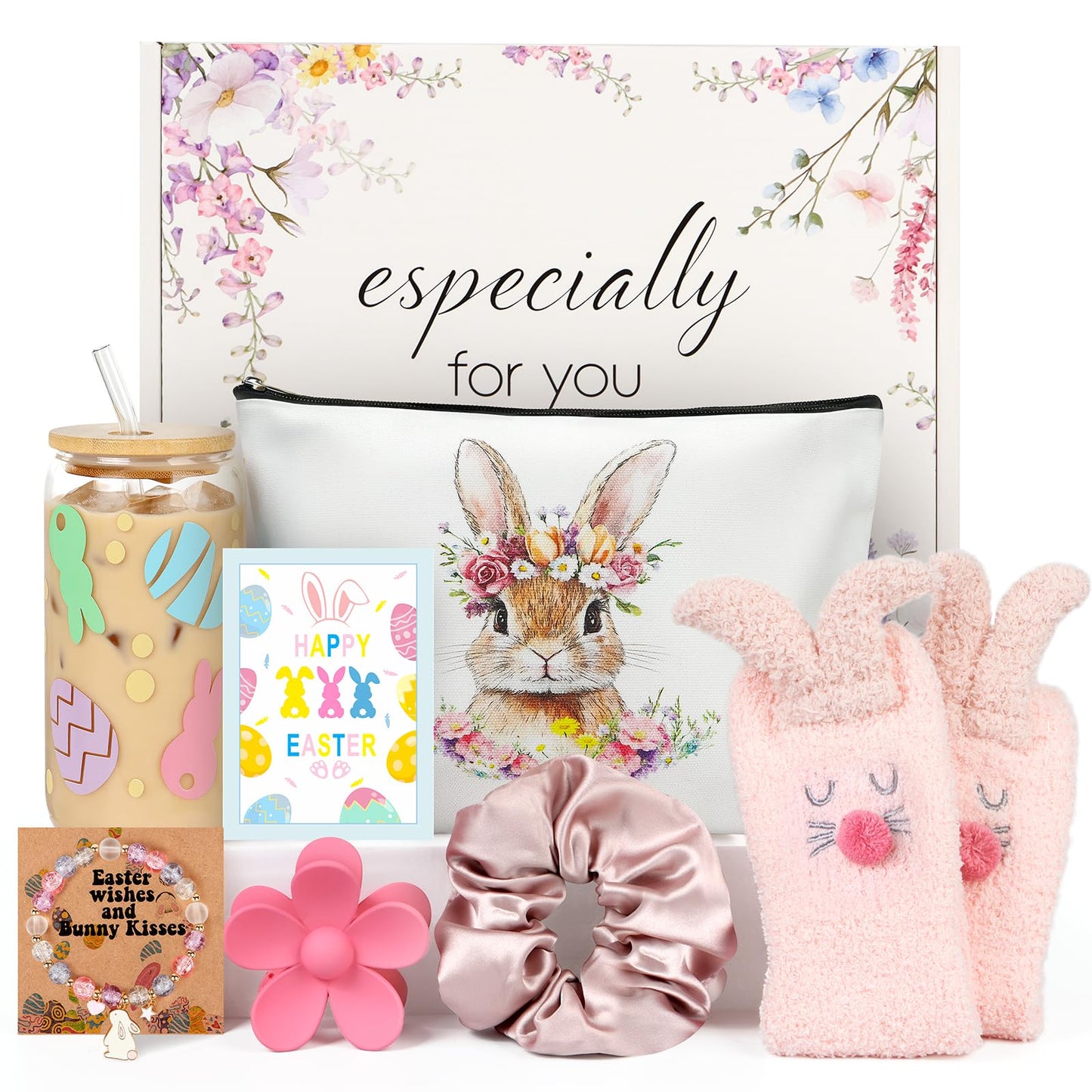 Easter Gifts for Teens Girls Women Adults,7 PCS Bunny Gifts Set with Iced Coffee Cup,Bracelet,Socks,Bag,Hair Clip & Scrunchy,Perfect Easter Basket Stuffers for Teens Girls Adults