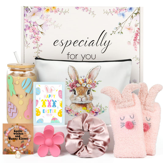 Easter Gifts for Teens Girls Women Adults,7 PCS Bunny Gifts Set with Iced Coffee Cup,Bracelet,Socks,Bag,Hair Clip & Scrunchy,Perfect Easter Basket Stuffers for Teens Girls Adults