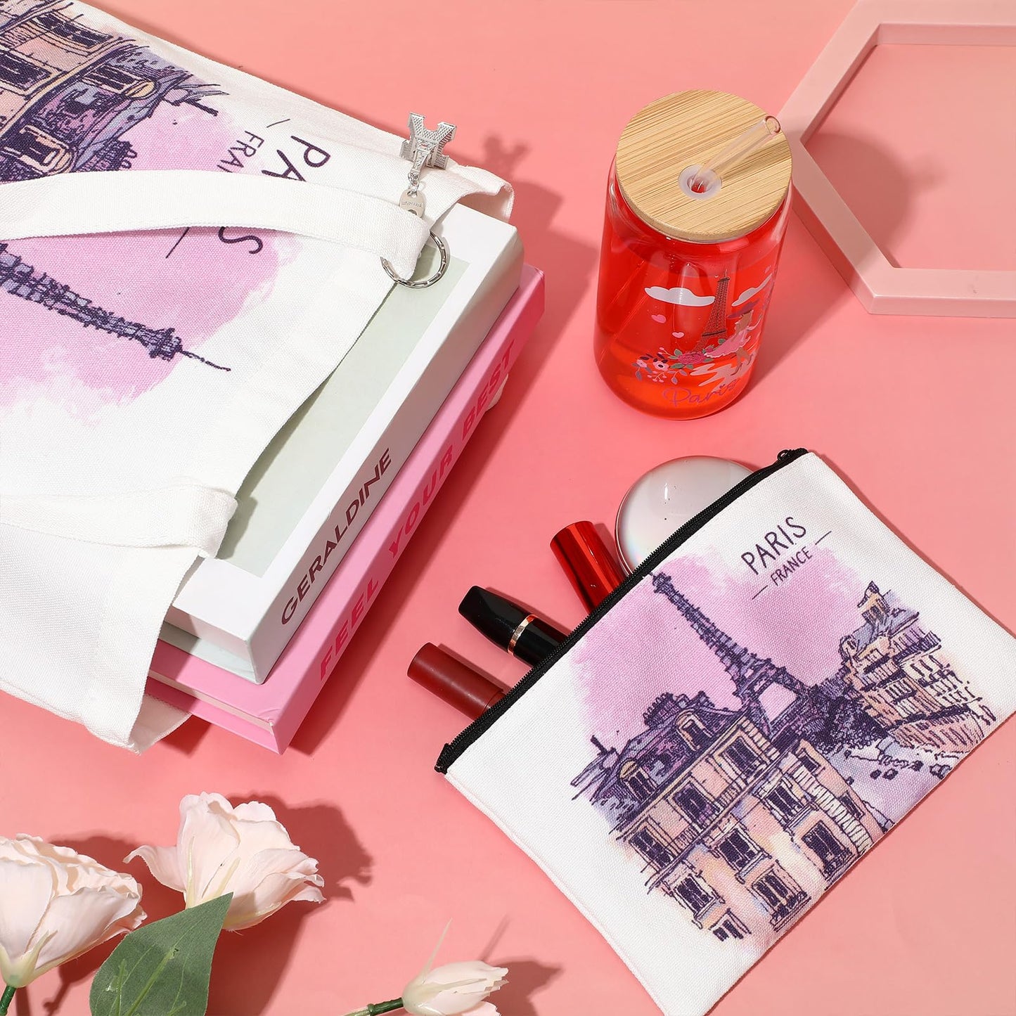 Chuangdi 4 Pcs Paris Souvenirs Gifts Set France Travel Canvas Bag Cosmetic Bag 16 oz Tumbler and Keychain Paris City for Traveler Friend Lover Sister Gifts