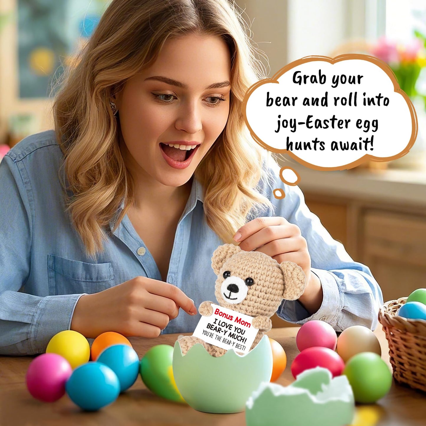 WELLBANEE Mother Gift Bonus Mom, Handmade Crochet Bear for Sentimental Mothers Day Birthday Present for Stepmom, Appreciation Keepsake for The Best Bonus Mom Ever, Small Desk or Shelf Décor Bear